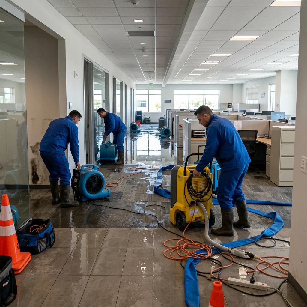 Water damage restoration technicians setting up drying equipment in a commercial office in Gilbert