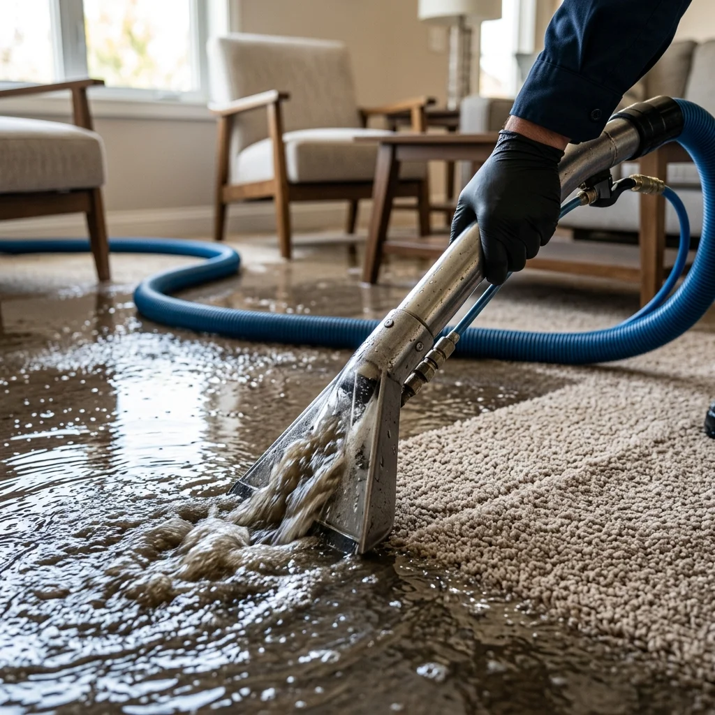 Professional water extraction equipment removing standing water from a Gilbert home