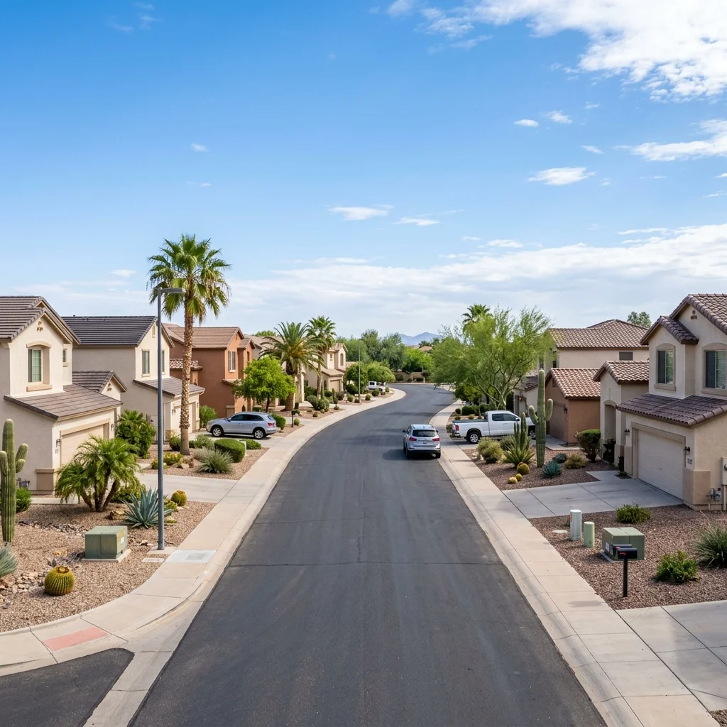 Residential neighborhood street with typical homes in Gilbert Arizona