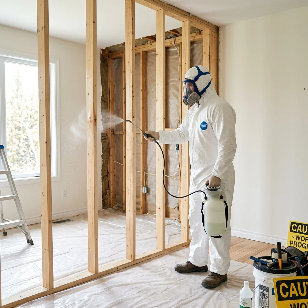 Technician applying antimicrobial treatment to wall studs for mold prevention in Gilbert AZ