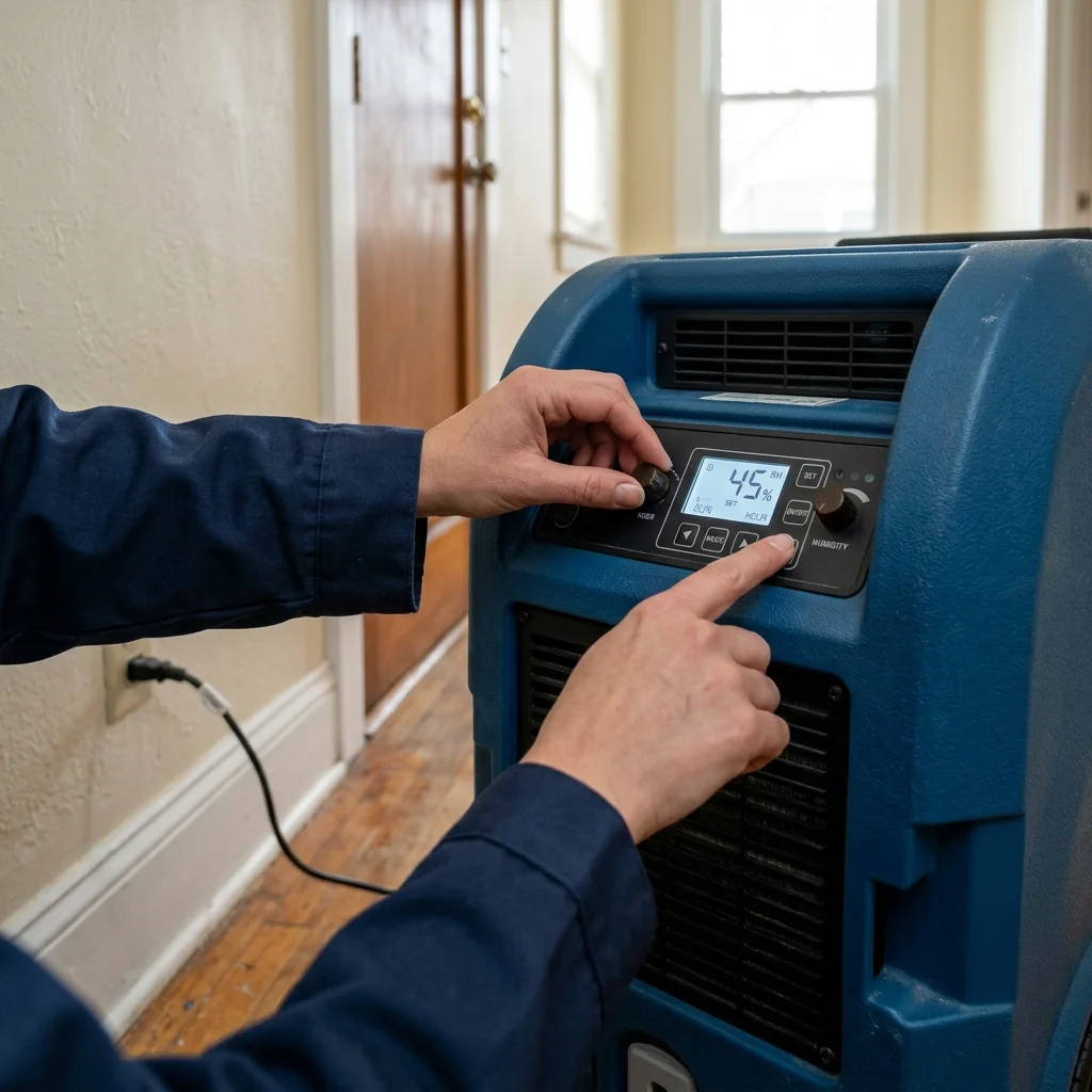 Setting Up Commercial Dehumidification Restoration technician configuring a commercial dehumidifier for structural drying in Gilbert AZ