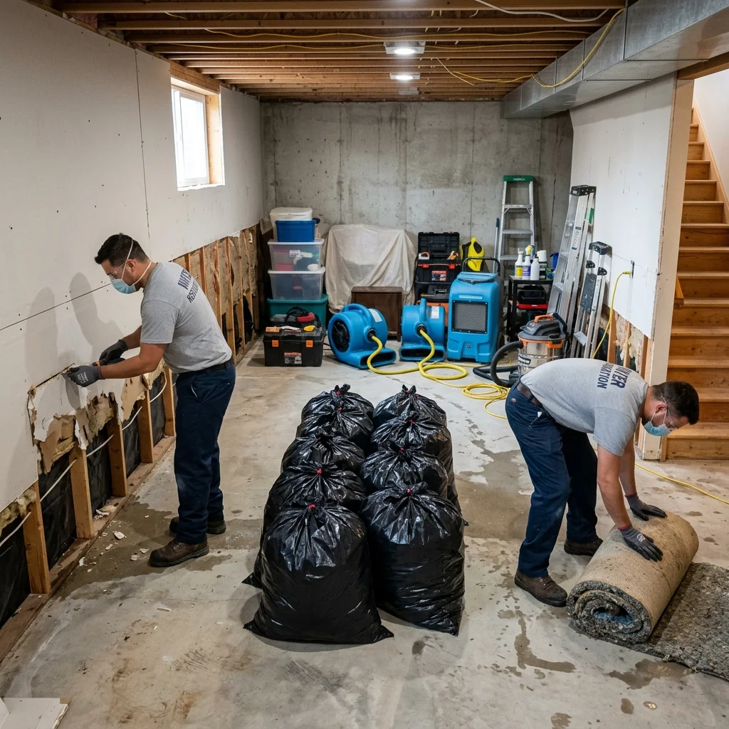 Professional flood cleanup and drying operations inside a flooded Gilbert home
