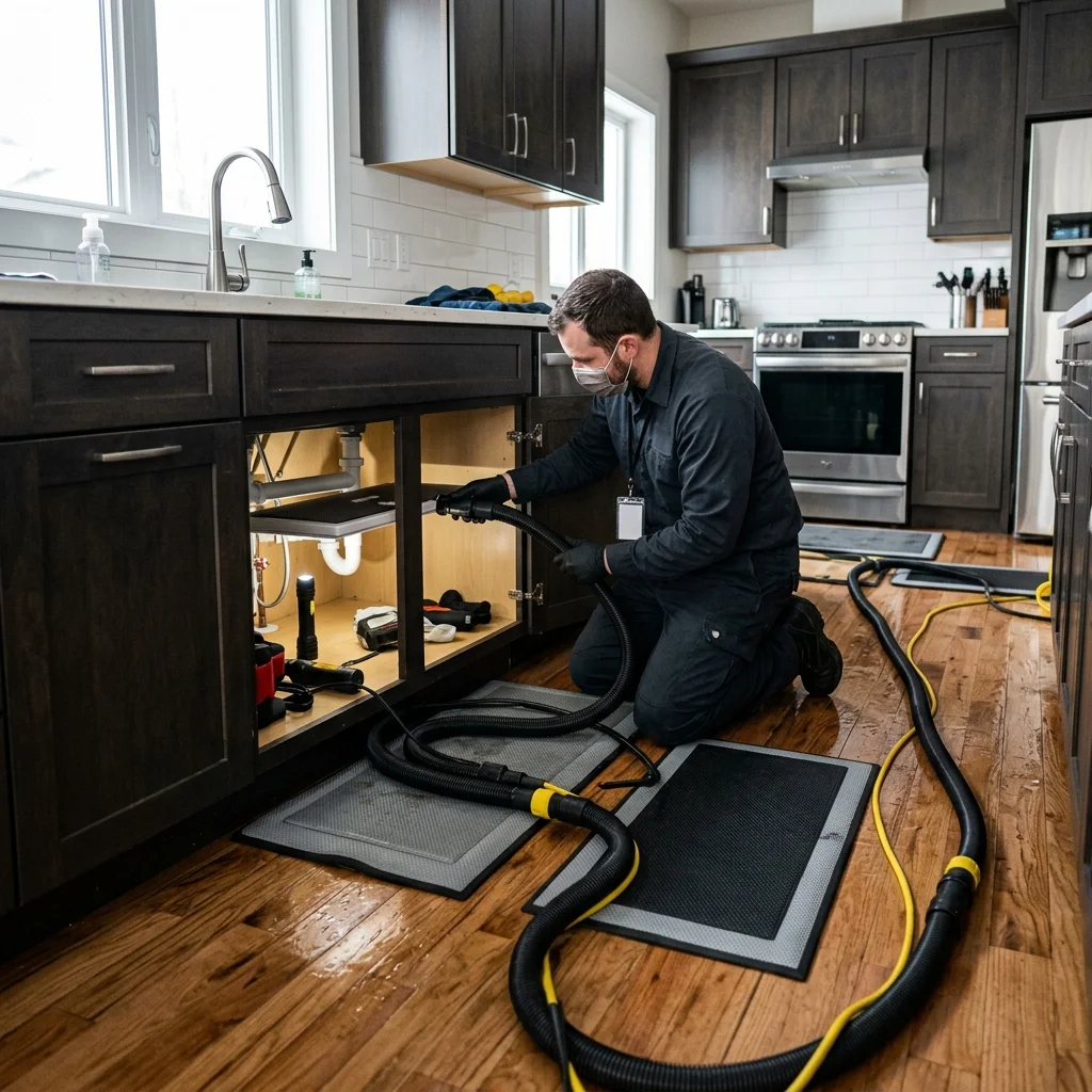 Technician using advanced drying systems to restore hardwood floor and cabinets in a Gilbert kitchen