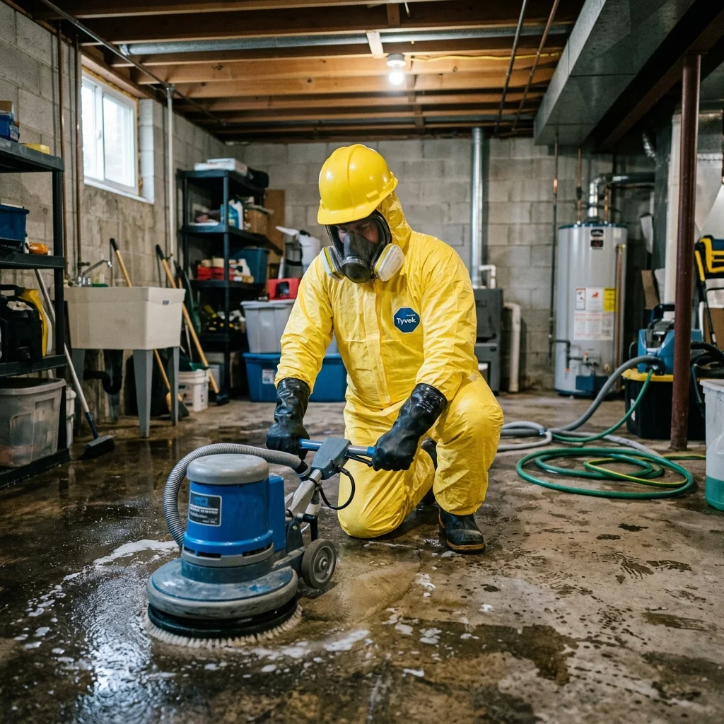 Restoration technician sanitizing a residential basement after sewage backup in Gilbert Arizona