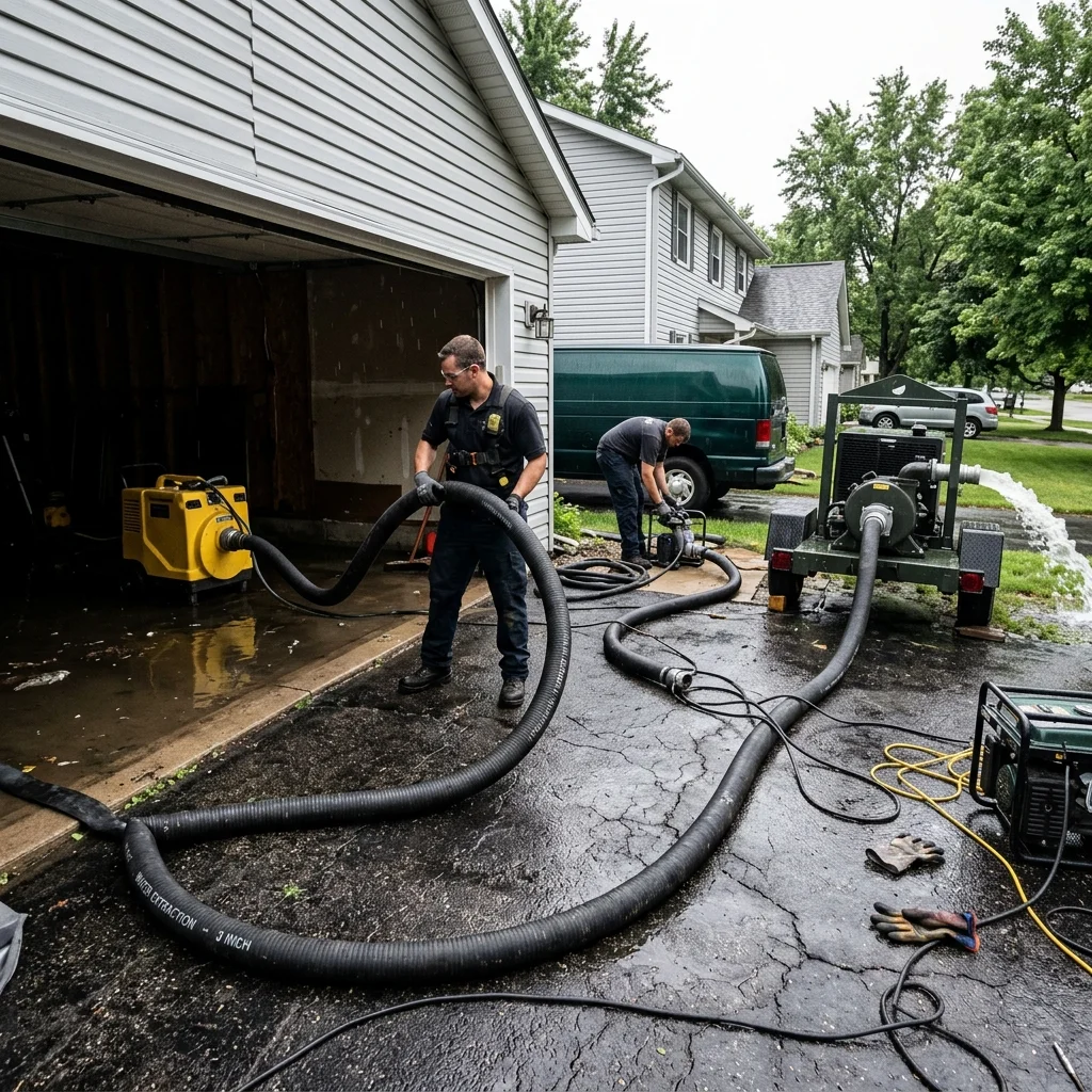 Technicians performing storm damage water removal and pumping standing water from a house in Gilbert