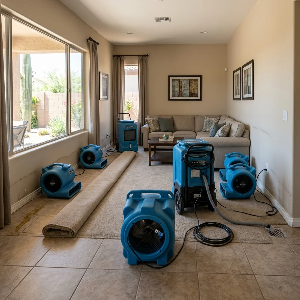 Industrial air movers and dehumidifiers drying a residential property in Gilbert