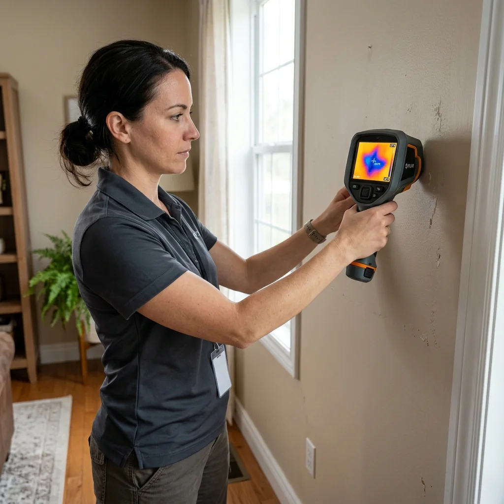 Technician using a thermal imaging camera to locate hidden water damage behind drywall in Gilbert Arizona