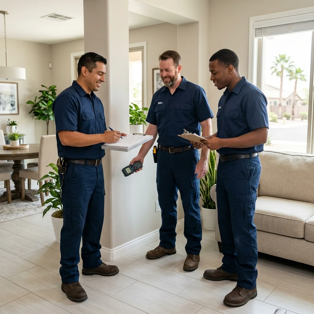 Team of professional water damage restoration technicians in uniform inspecting a residential property in Gilbert