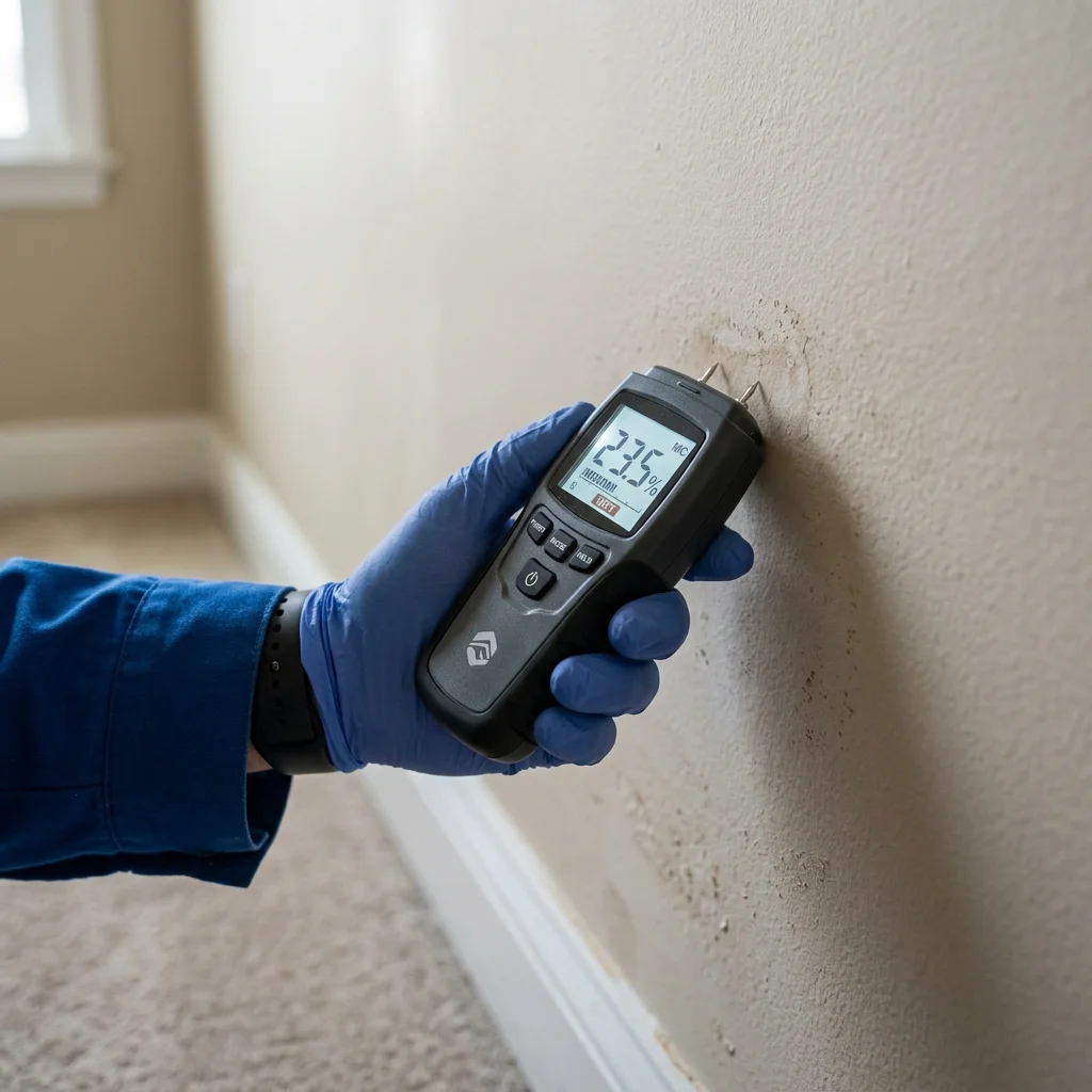 Technician measuring moisture levels in walls for water damage mitigation in Gilbert AZ